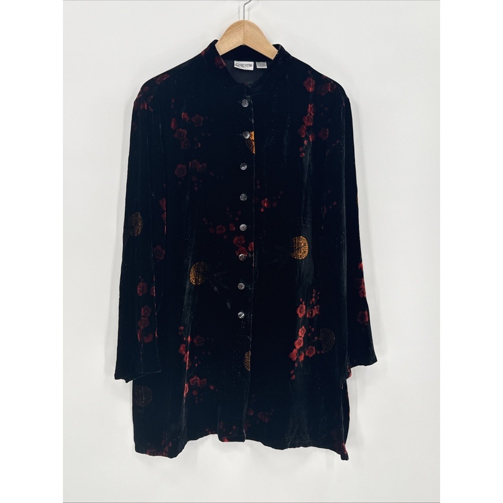 Chico's Womens Black Velour Floral Button Top Size 3/XL Silk Blend Asian Motif